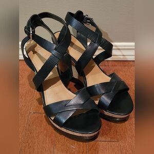 FRANCO SARTO Black Leather Wedge Sandals. Size 10.